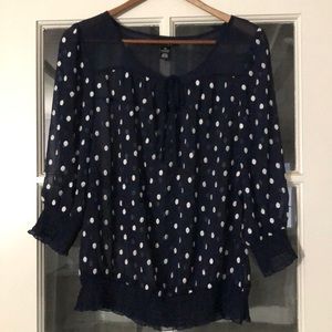 Blue & white polka dot sheer blouse